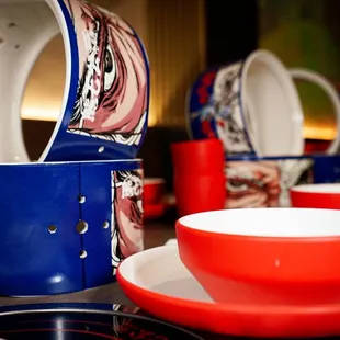 red and blue cups and saucers