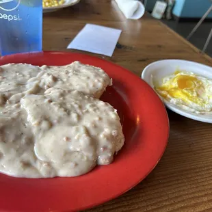 Biscuits and Gravy with 2 Eggs over easy