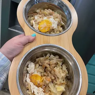 My dogs get to eat prime rib, hash browns and egg.