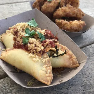 Fried ravioli and onion rings (all vegan)