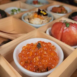 a variety of sushi dishes