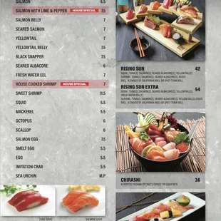 menu, sushi and sashimi