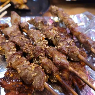 Marinated lamb skewers! A little chewy, but had great flavor.