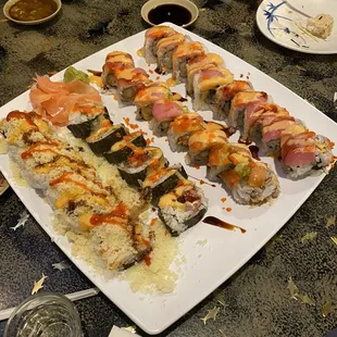 a platter of sushi on a table
