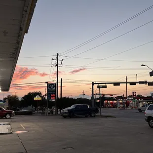 a gas station at dusk
