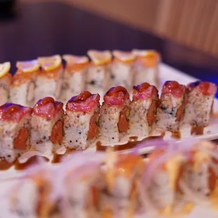 a plate of sushi on a table