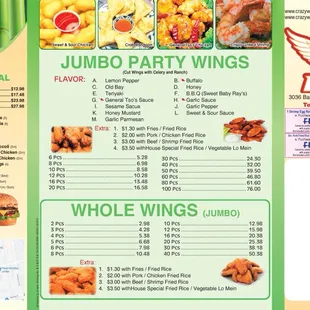 the menu for the jumbo party wings