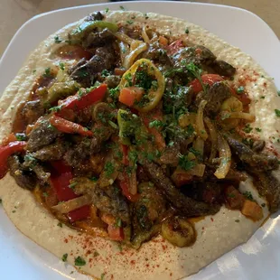 Hummus beef shawarma (large order and asked for spicy)