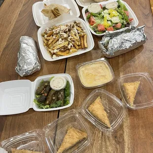 Greek fries, salad, stuffed grape leaves, hummus, gyros and baklava!