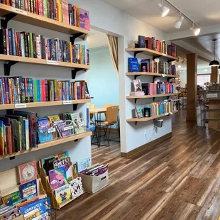 a bookshelf in a library
