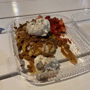 Biscotti cookie waffle with biscotti cookie ice cream and strawberries! So delish!