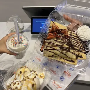 Birthday Cake Shake, Texas Pecan Sundae, Nutella Berry Crepe