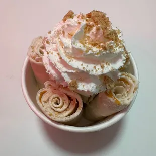 "Churro" Rolled Ice Cream. Amazing! It tastes like eating a frozen churro or a Biscotti cookie.