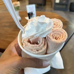 Strawberry and banana ice cream with whipped cream...yummy!