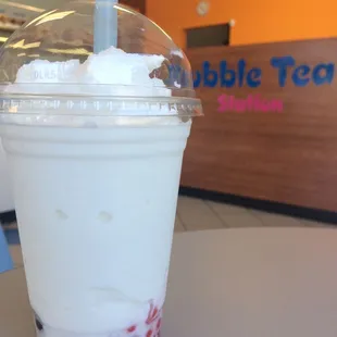 Lychee Bubble Tea with Strawberry Pearls and Tapioca