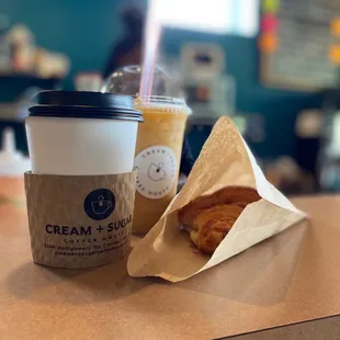 Café Au Lait, Croissant, Peach and Pear Smoothie