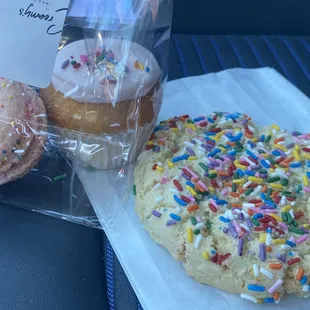 Giant birthday cake cookie, birthday macron, and birthday cupcake