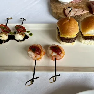 Hors d'oeuvres - caprese pick, shrimp cocktail, tiny cheeseburgers