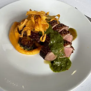 Moulard duck breast with sweet potato purée and chimichurri