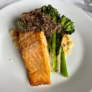 Salmon with couscous, broccolini, and olive tampenade
