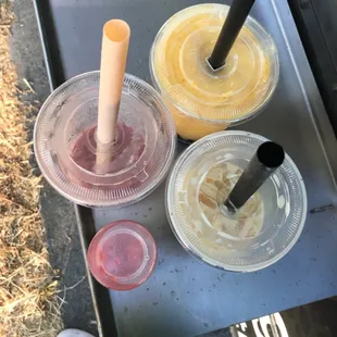 a table with a variety of drinks