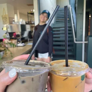 small black rose latte w/ reg milk and small coconut latte w/ coconut milk