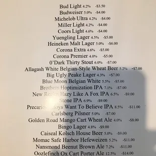 Beer menu
