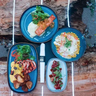 Grilled Salmon , Street Corn, Crispy Rice tuna and Grilled Chicken