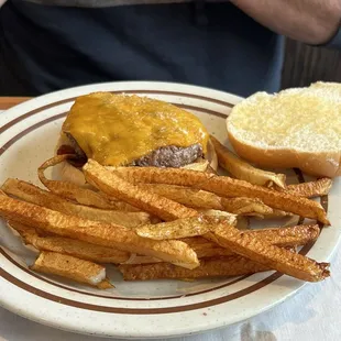 BBQ bacon burger, French fries.