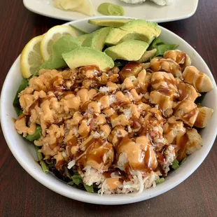 Cooked poke bowl w crab, shrimp &amp; chicken $10
