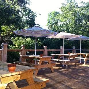 picnic tables and umbrellas