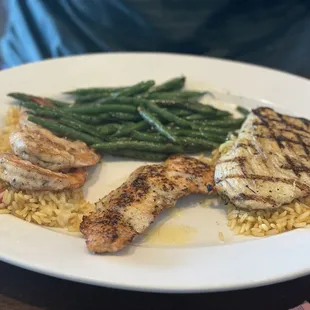 Trio platter with shrimp, salmon, fish, green beans, mashed potatoes - rice came automatically and didn't count as one of the sides!