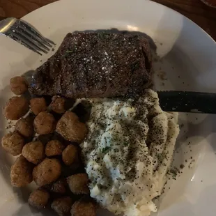 Steak, potatoes, and fried okra