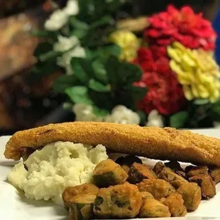 Fried Catfish with fried okra and mashed potatoes