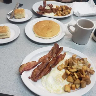 Bacon breakfast and a pancake. Delicious. Love the fluffy pancake.