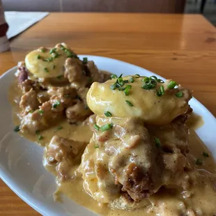 Fried Chicken &amp; Biscuits with Sausage Gravy and Poached Eggs