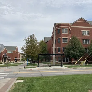 Campus buildings and apartments around the business school