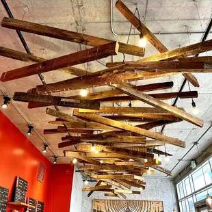 wooden beams suspended from the ceiling