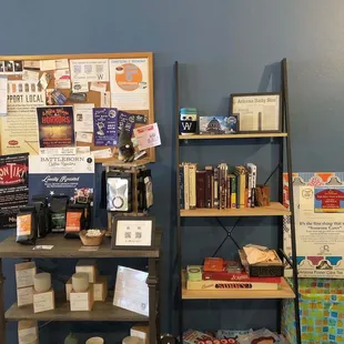 Book stand, game space, items to purchase