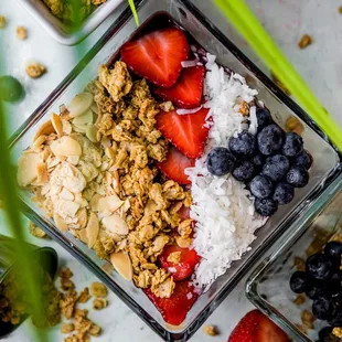 strawberries, blueberries, and granola
