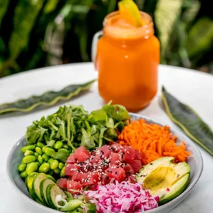 Pair any of our delicious bowls with a healthy juice! (Pictured: Tuna Bowl and V8 juice)