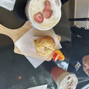 Strawberry refresher for the kids and a muffin.