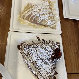 Specialty crepes! Tropical covered with white chocolate! Dark chocolate covered crepe filled with raspberry glaze and strawberries.