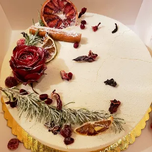 Bianco come Neve - clove &amp; star anise mousse, cranberry hibiscus gelée, candied cranberries, roasted almond sponge, velvet enrobage