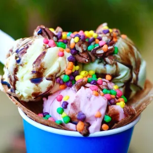 Durian, strawberry and matcha with chocolate fudge and nerds