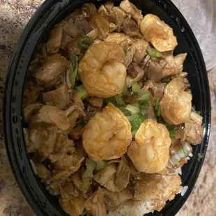 Bourbon Chicken with half spicy &amp; half white rice. Shrimp added also