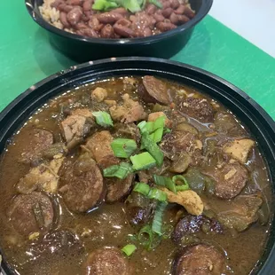Red beans with spicy rice and gumbo with spicy rice