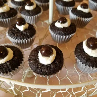 Dark chocolate brownie with fresh cream &amp; chocolate covered espresso bean