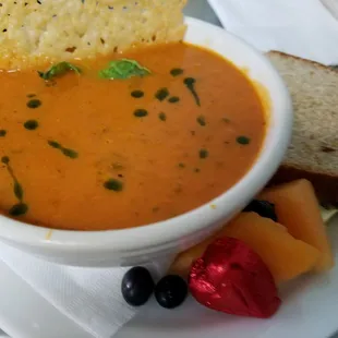 Tomato-basil soup with asiago crisp