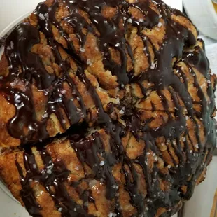 Dark chocolate chip scones with caramel-chocolate drizzle &amp; sea salt